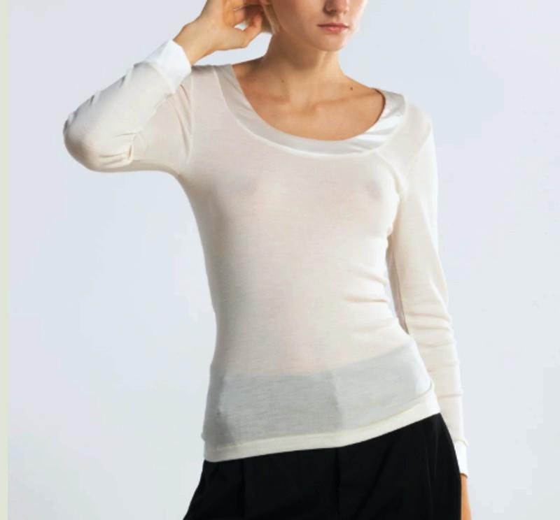 Oscalito Maglia Donna in Merino-Seta Manica Lunga Bordi in Raso-avorio/4