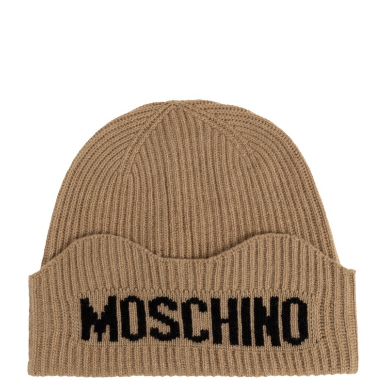 Moschino Berretto beige con Risvolto Bold Logo in Lana e Viscosa