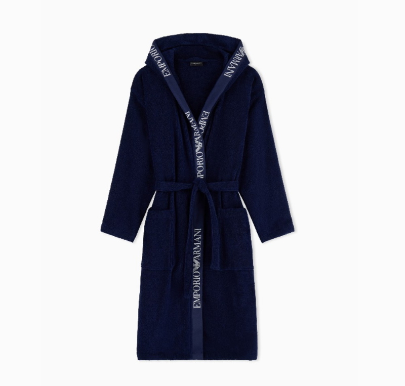 Cotton terry bathrobe with hood and logo Emporio Armani_blue/M